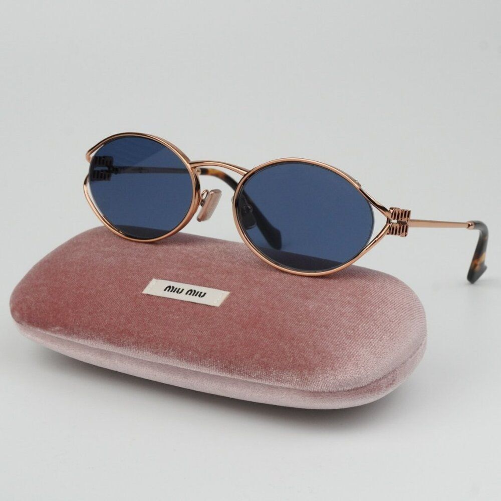 NEW Miu Miu MU52YS ZVF1V1 Pink Gold Dark Blue  Oval Unisex Sunglasses